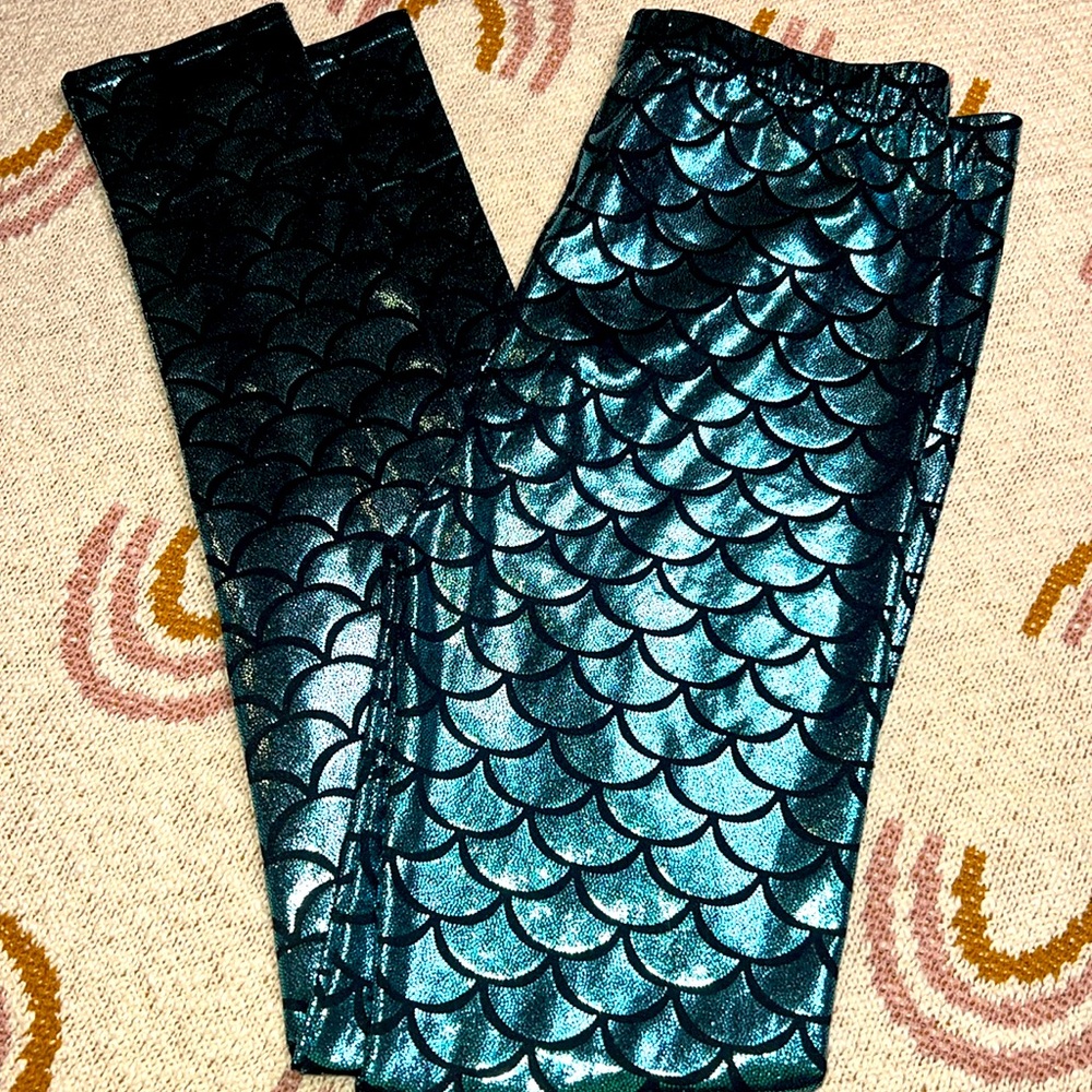Aqua blue metallic mermaid print leggings XS/S 🧜‍♀️